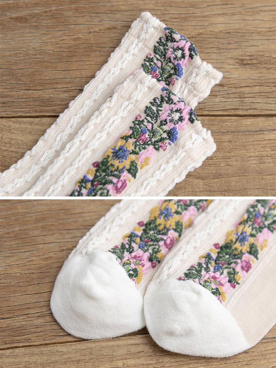 Damen Socken mit floraler Jacquard-Stickerei – Vintage Stil, modisches Accessoire für jeden Anlass