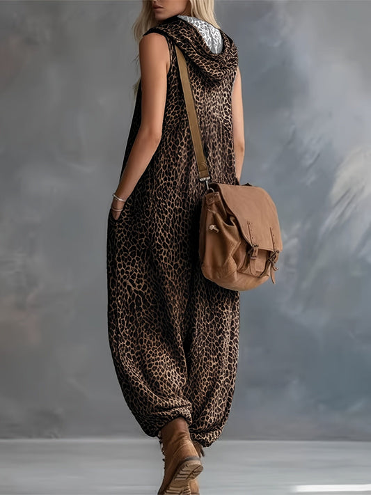 Damjumpsuit utan ärmar med leopardmönster, huva och dragkedja