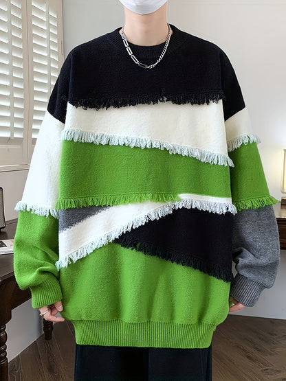 Unisex Patchwork Pullover mit Fransen Rundhals Langarm Strickpullover Mehrfarbig