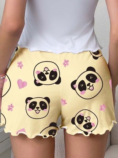 Dame sove-shorts med panda-mønster og sløjfe – Søde pyjamasshorts til forår og sommer