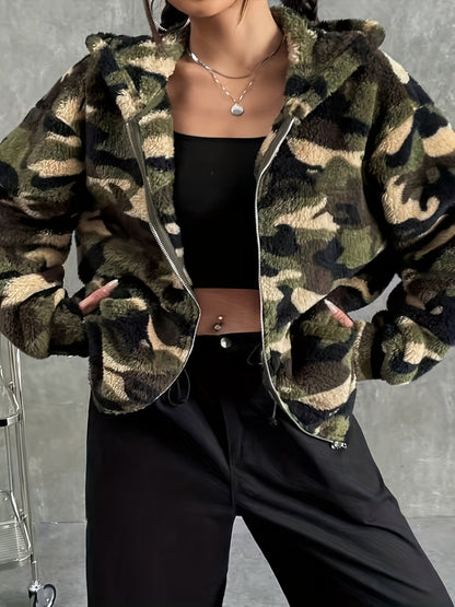 Teddy-Fleece Jacke mit Kapuze und Reißverschluss, Tarnmuster für Damen