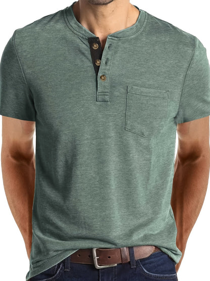 Camiseta Henley para hombre con botonadura y bolsillo en el pecho – Camiseta casual de manga corta para uso diario y tiempo libre