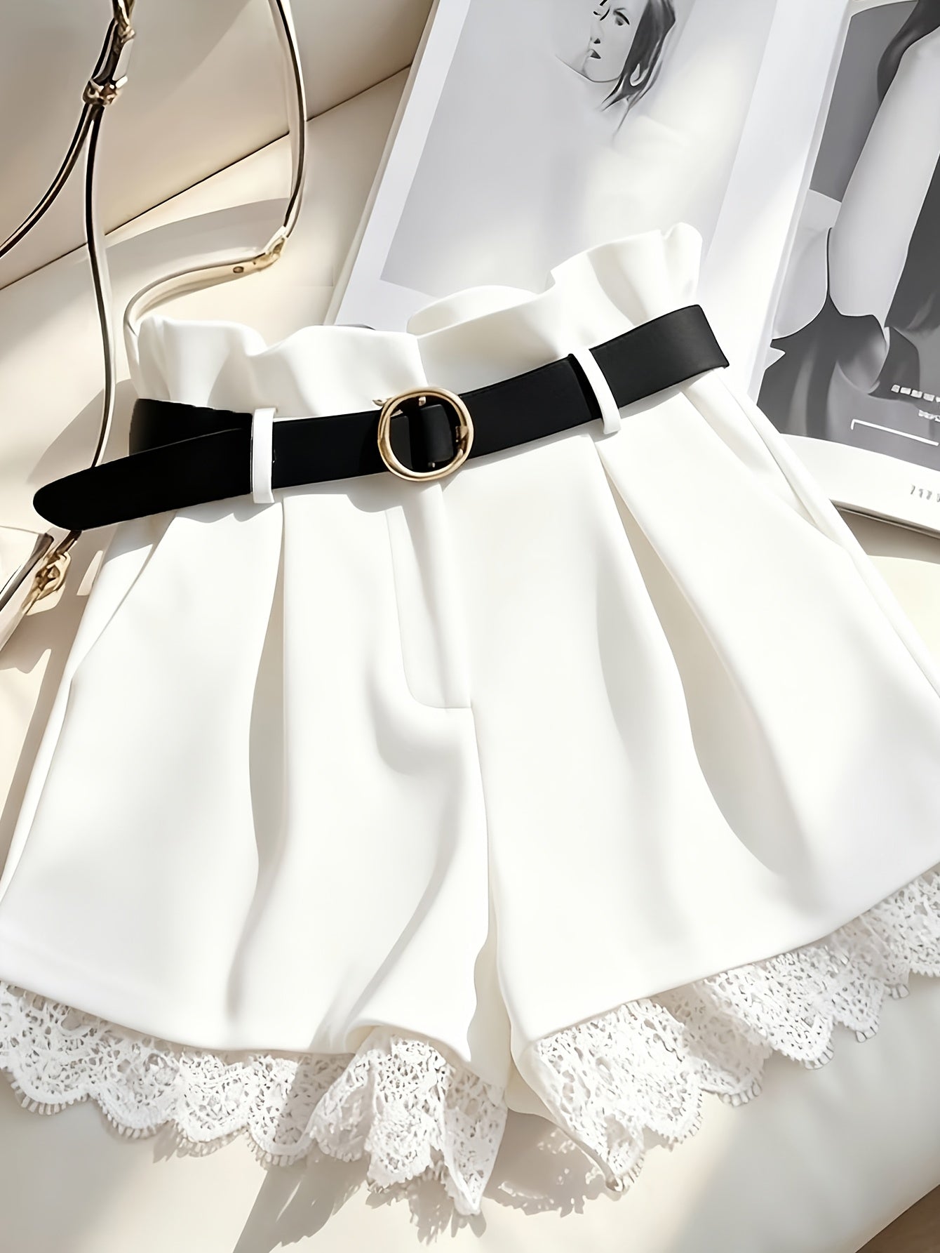 Shorts paperbag para mujer con cinturón y encaje – Shorts de talle alto elegantes para ocasiones especiales
