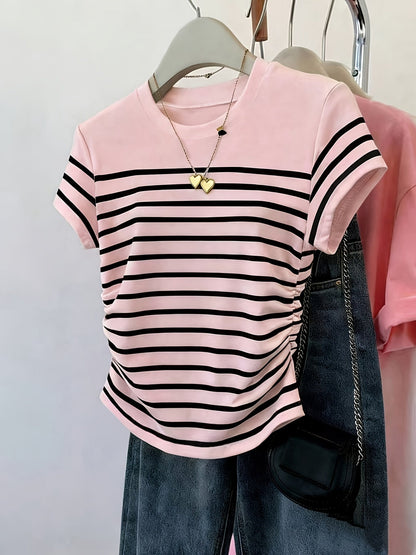 Damen T-Shirt mit Streifen und Raffung – Modisches Freizeitshirt, Sommer-Stil