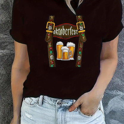 Dames Oktoberfest T-Shirt met Bierprint – Los Festivalshirt voor Volksfeesten & Feesten
