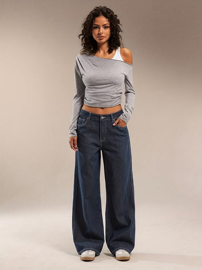 Jeans donna a gamba larga, gessato blu scuro