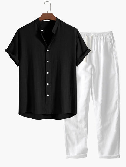 Herre kortærmet skjorte med ståkrave – Moderne fritids- og businessskjorte, minimalistisk look