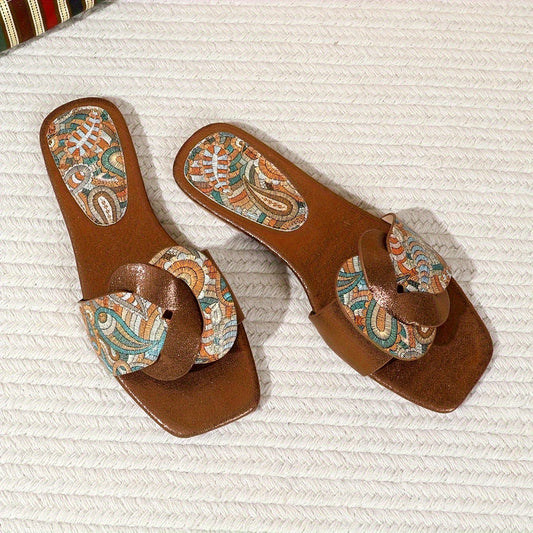 Damslide-sandaler med paisleymönster och modern fyrkantig tå – elegant sommar- och fritidsstil