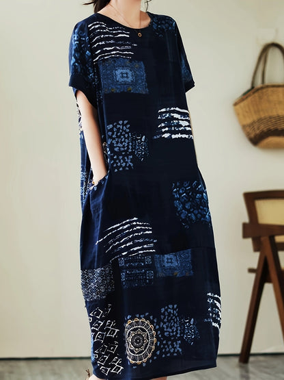 Damska sukienka casual z geometrycznym i botanicznym wzorem, oversize, z krótkim rękawem, swobodna