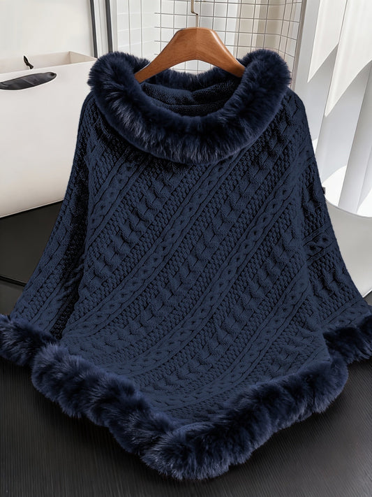Strickponcho Damen mit Kunstfellbesatz Zopfmuster Kapuze