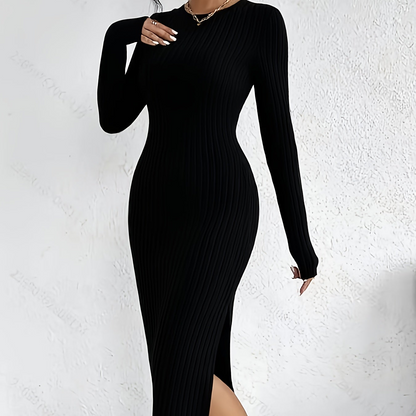 Abito midi da donna in maglia a coste, a maniche lunghe e aderente