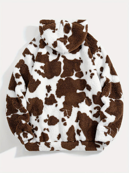 Unisex Teddy Fleece Hoodie mit Kapuze und Kuhfleckenmuster