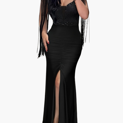 Vestido de noche elegante para mujer, ajustado, con flecos y abertura – Perfecto para ocasiones especiales