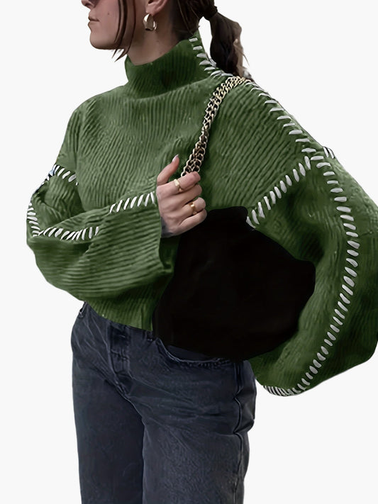 Pull oversize pour femme en maille avec surpiqûres et col montant – Pull tendance automne/hiver pour des tenues stylées