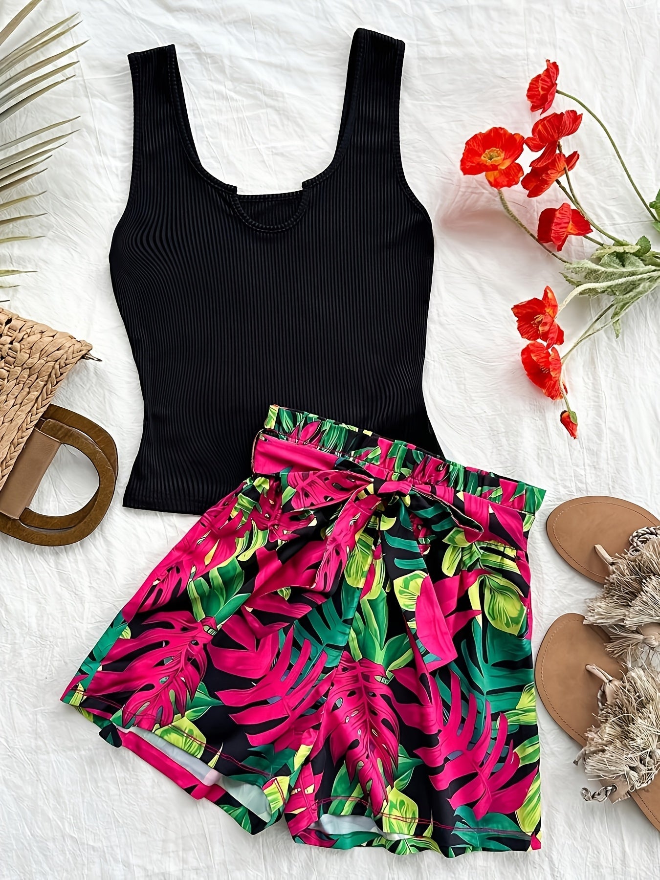 Set estivo donna due pezzi – Top canotta alla moda & pantaloncini paperbag tropicali – Perfetto per vacanze e tempo libero