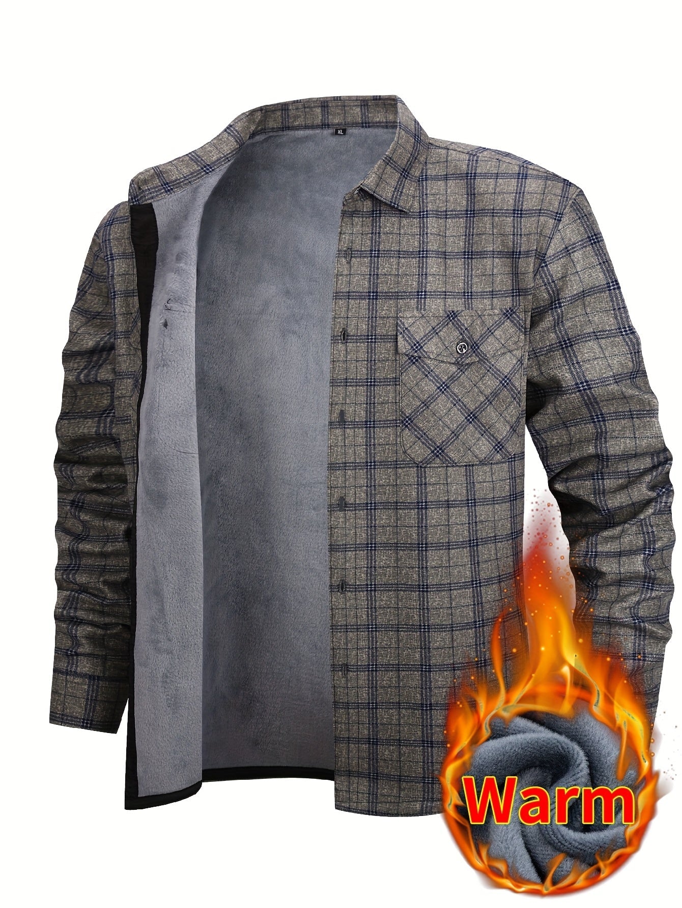 Giacca-camicia da uomo a quadri con fodera in pile e bottoni