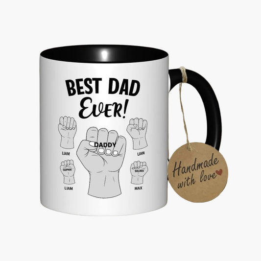 Personalisierte Tasse für Männer – Best Dad Ever Fäuste Design mit Kindernamen – Geschenk für Väter, Vatertag, Geburtstag
