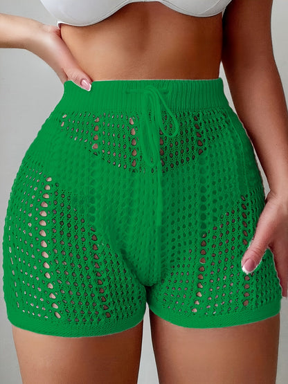Shorts de crochet para mujer con estilo playero, cintura alta y cinturilla ajustable – Moda en malla para vacaciones, playa y piscina