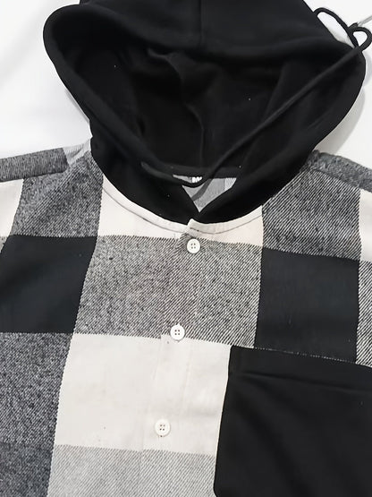 Camicia-giacca da uomo con cappuccio a quadri, nera e bianca, oversize