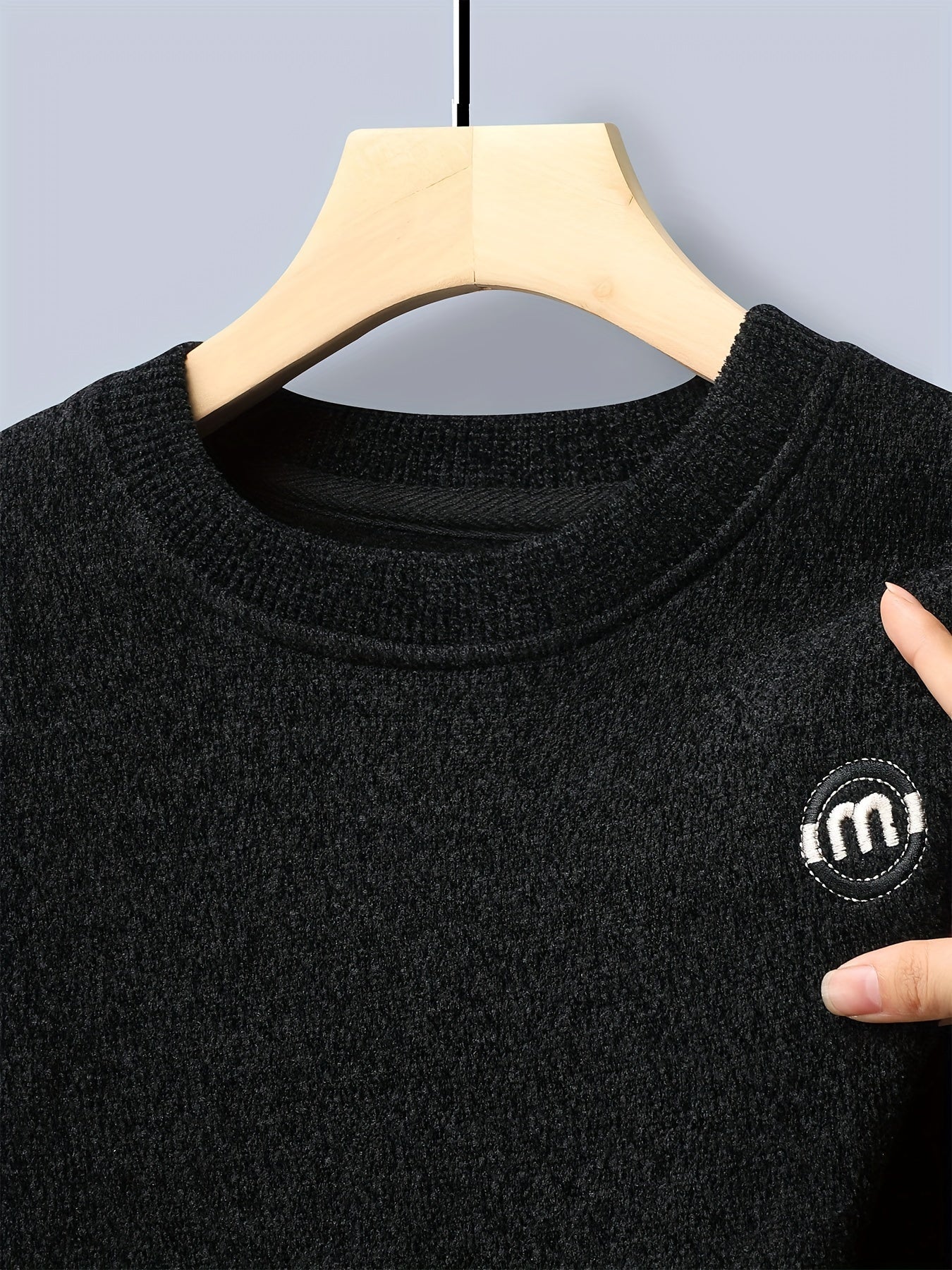 Unisex Winter Pullover Rundhals Grau meliert Warm gefüttert
