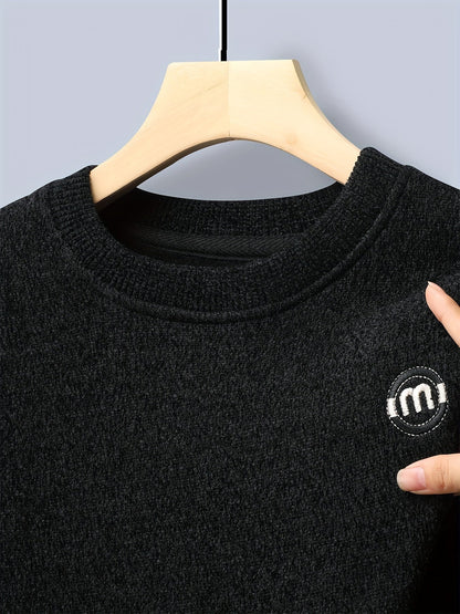 Unisex Winter Pullover Rundhals Grau meliert Warm gefüttert
