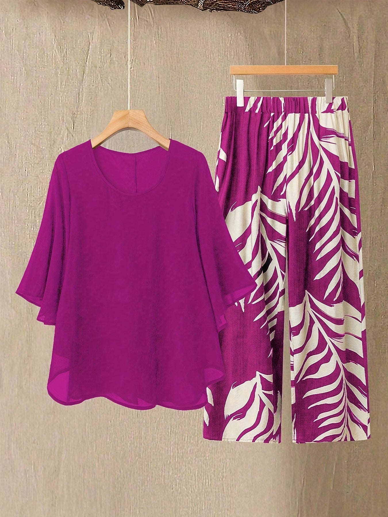 Conjunto de dos piezas para mujer elegante – Pantalón ancho con estampado tropical y blusa suelta, conjunto moderno para vacaciones