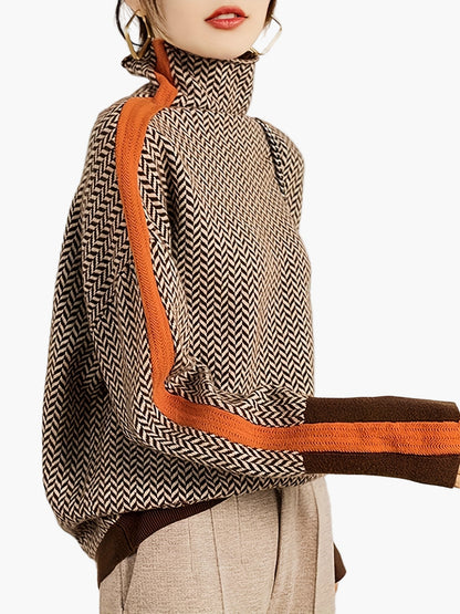 Dam Elegant patchwork stickad tröja med ståkrage – Moderiktig höst/vinter vardagslook