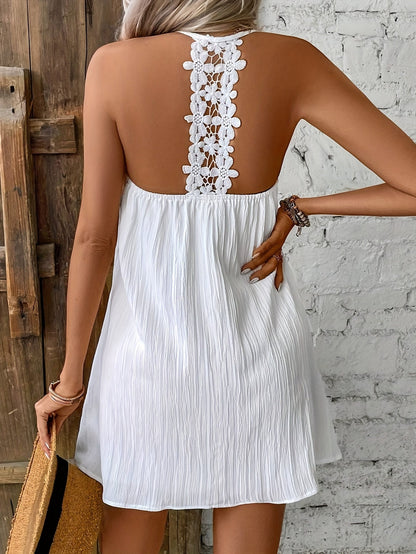 Damen Sommer Minikleid im lässigen Swing-Stil mit Plissee-Optik und Halterneck – Ideal für Urlaub, Strand & Gartenpartys
