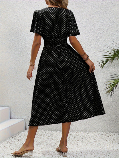 Robe décontractée à pois pour femme avec col en V et manches courtes – Élégante robe longue pour le printemps et l'été