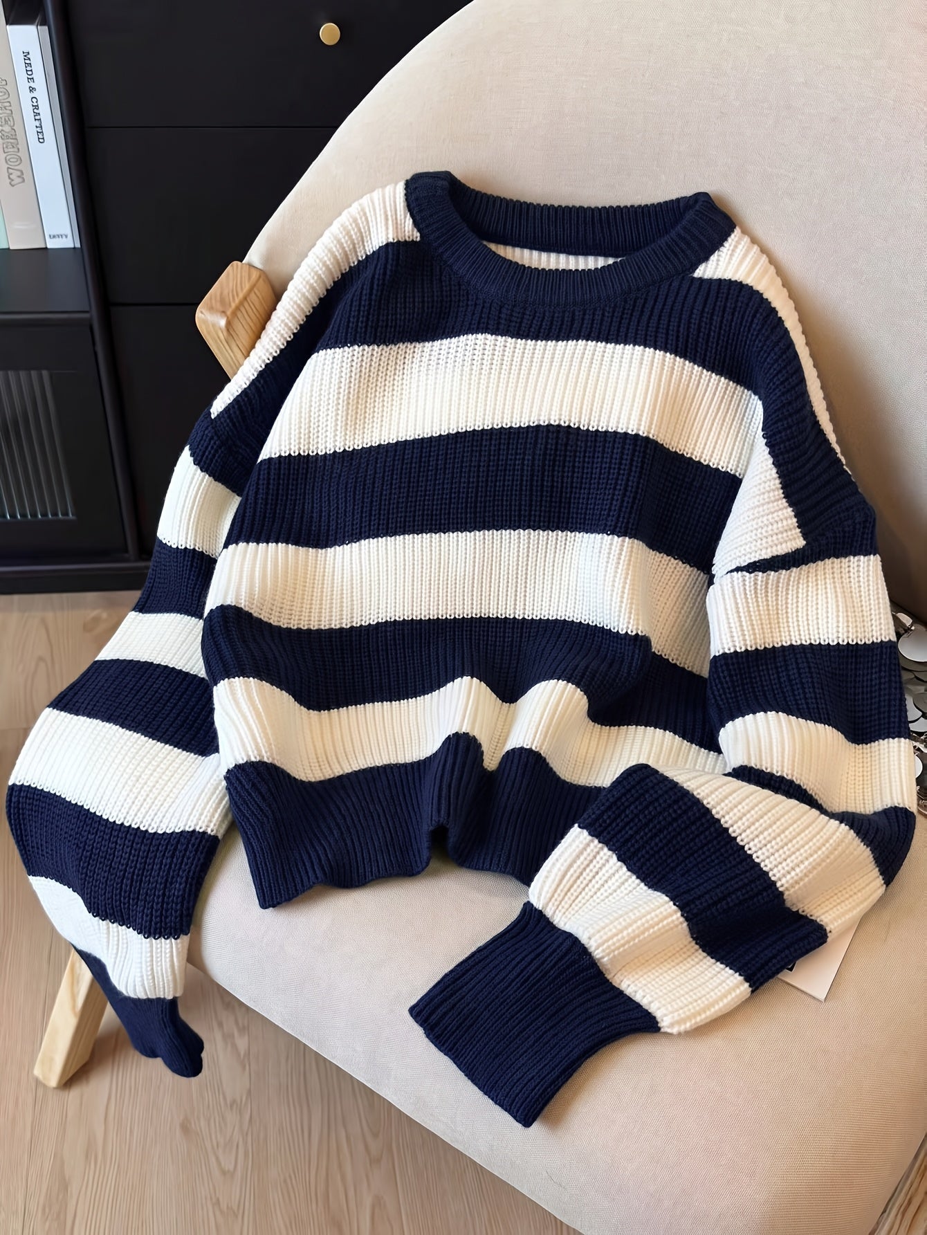 Gestreifter Pullover Damen Schwarz Weiß Langarm Rundhals Strickpullover