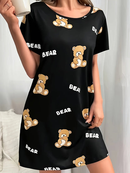 Dame nattkjole med bjørnemønster, kortermet, komfortabel, loungewear for vår og sommer