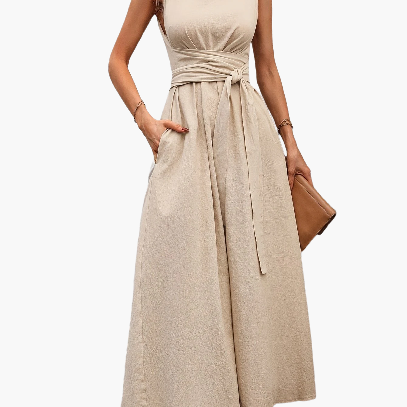 Combinaison sans manches pour femme avec ceinture à nouer et jambes larges – Style décontracté élégant pour le printemps et l'été