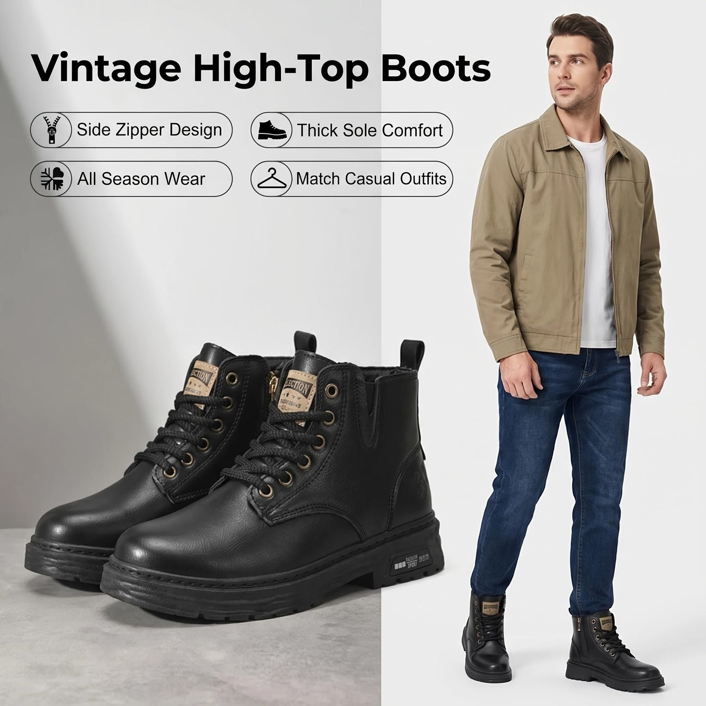 Herren Worker Boots mit Schnürung und Reißverschluss, Robuste Sohle