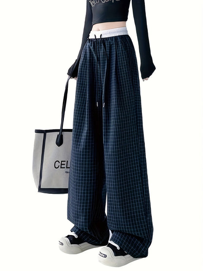 Pantalon large à carreaux pour femme, style décontracté urbain, idéal pour les tenues de week-end