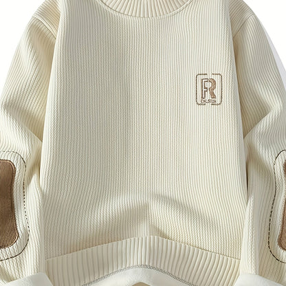 Suéter unisex de cuello redondo con textura acanalada y parches en los codos