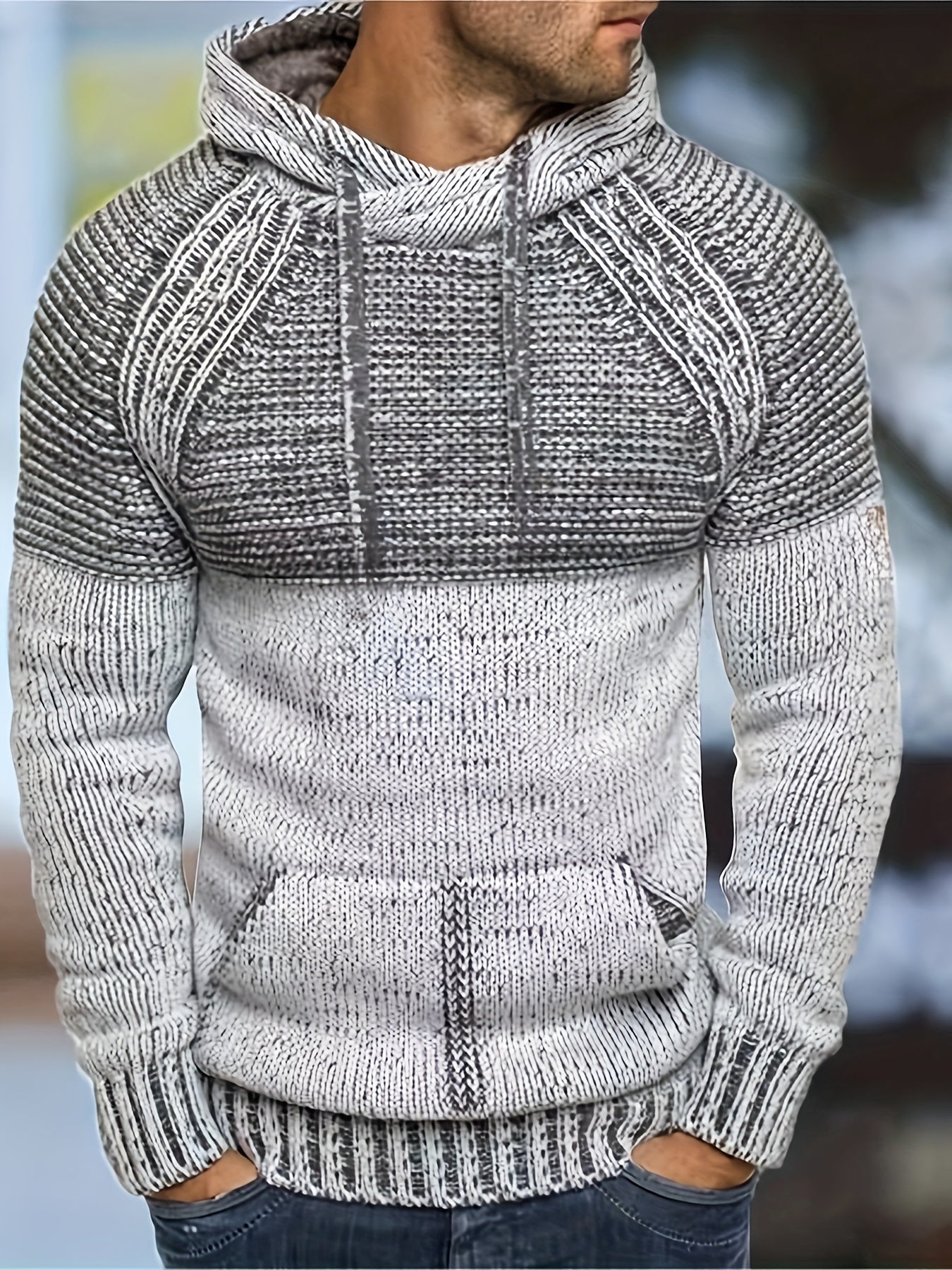 Hoodie til mænd i striklook med hætte og kængurulomme, meleret