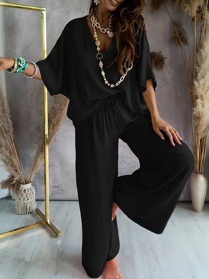 Damen Jumpsuit mit weitem Bein und V-Ausschnitt – Eleganter Freizeit Overall für Frühling und Sommer