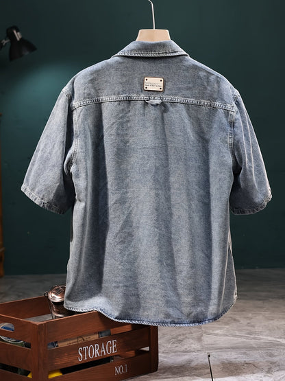 Herre Oversize Jeansskjorte Kortærmet – Fritids- og Urban Style Skjorte med Brystlommer