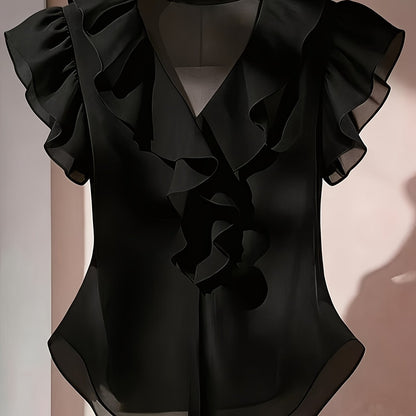 Damevolantbluse med V-hals og volanger – Elegant chiffongbluse for kontor og kveld