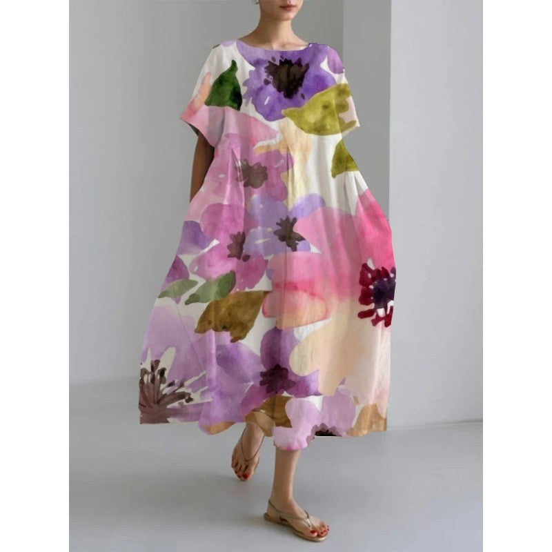 Damen Maxikleid Retro A-Linie mit großen Blumen – Sommerkleid im künstlerischen Vintage-Stil, Elegantes Freizeitkleid