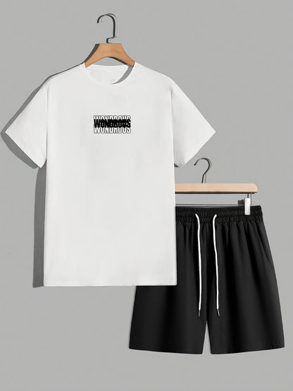 Męski zestaw streetwear z koszulką z grafiką i szortami – nowoczesny casualowy look, styl miejski