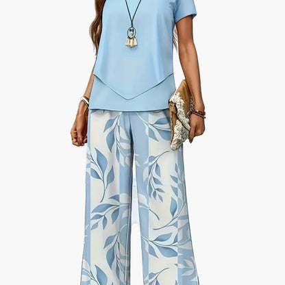 Damen Elegantes Sommer-Set mit Kurzarm-Shirt und weiter Hose, Freizeit-Outfit, Modernes Muster