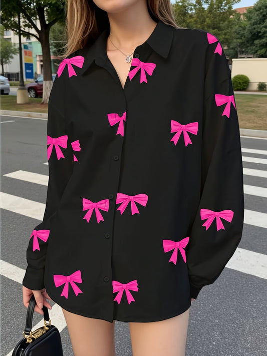 Camisa de mujer de manga larga con estampado de lazos en negro y rosa
