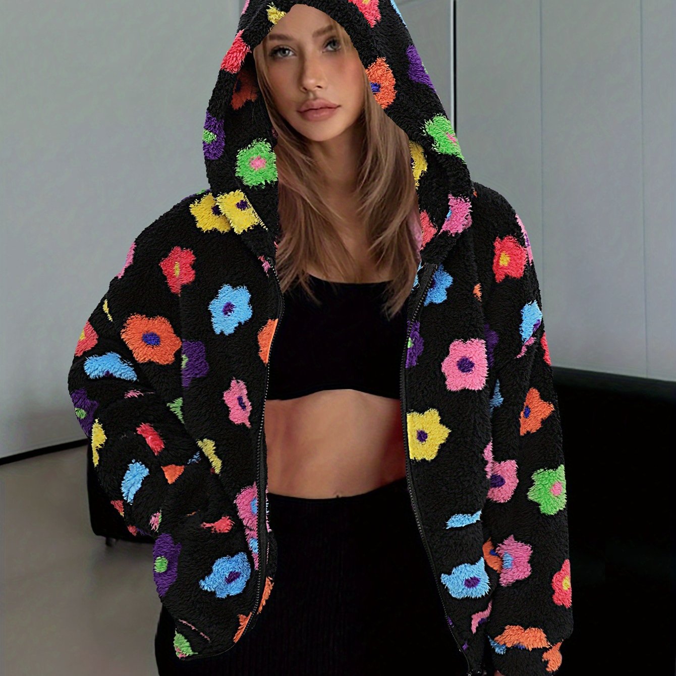 Damen Teddy-Fleece Kapuzenjacke mit bunten Blumen, Reißverschluss, Langarm