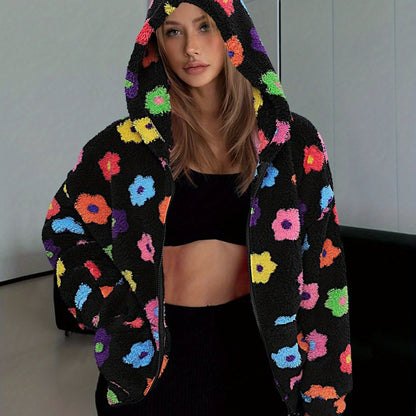 Damen Teddy-Fleece Kapuzenjacke mit bunten Blumen, Reißverschluss, Langarm