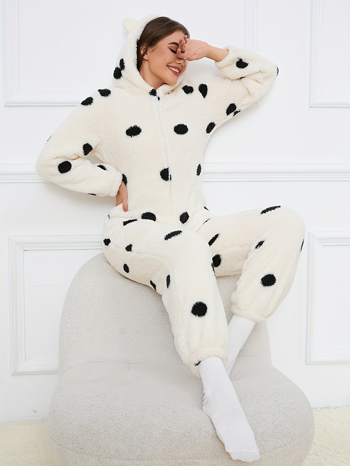 Damen Flauschiger Onesie mit Kapuze & Teddybär-Muster Rosa