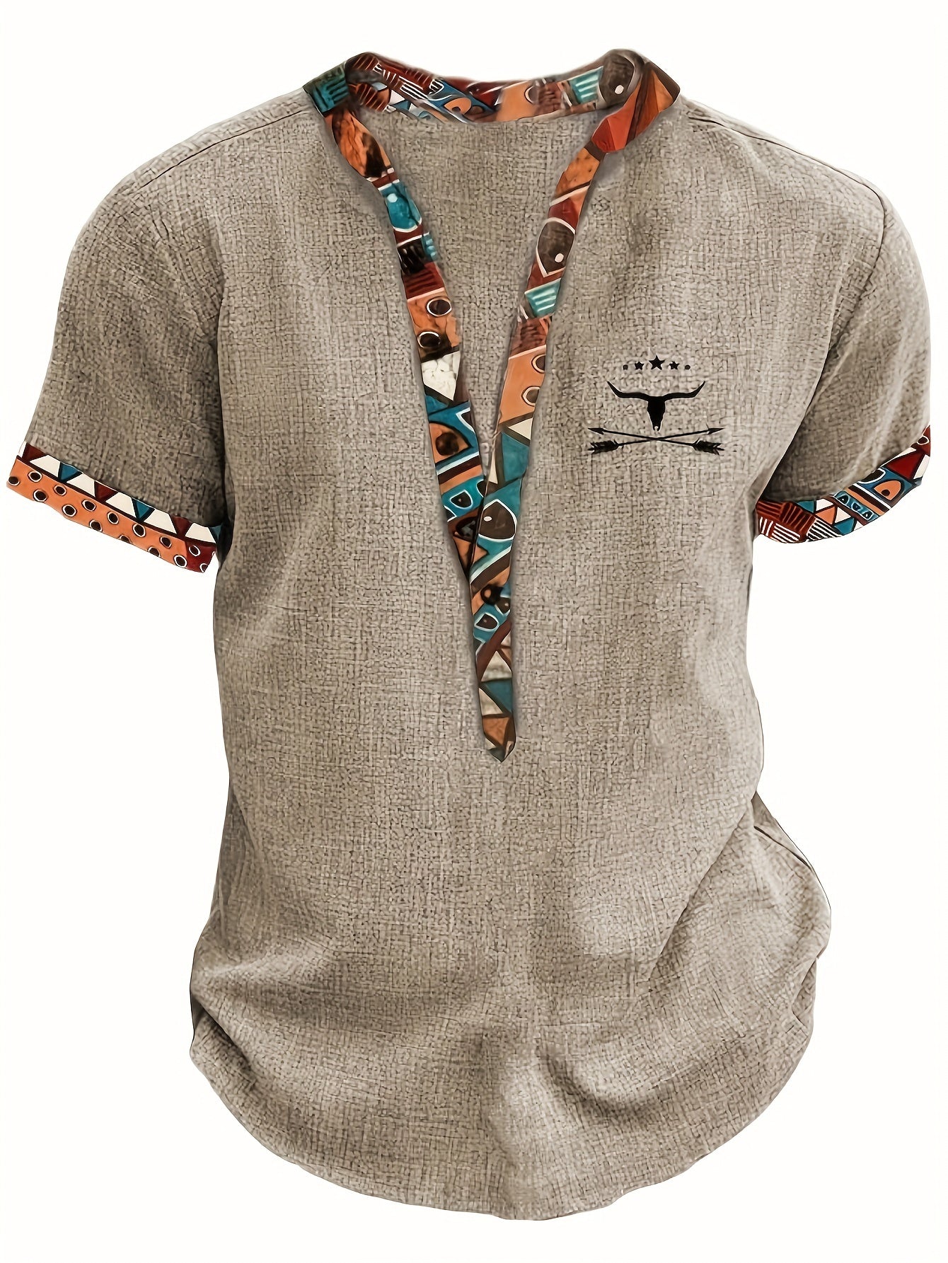 Chemise décontractée homme à manches courtes style ethnique avec motif tribal et col en V