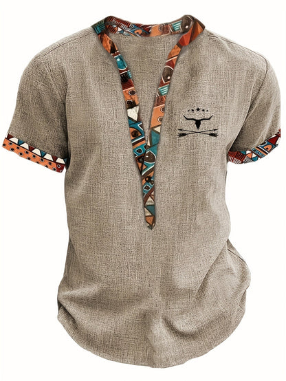 Chemise décontractée homme à manches courtes style ethnique avec motif tribal et col en V