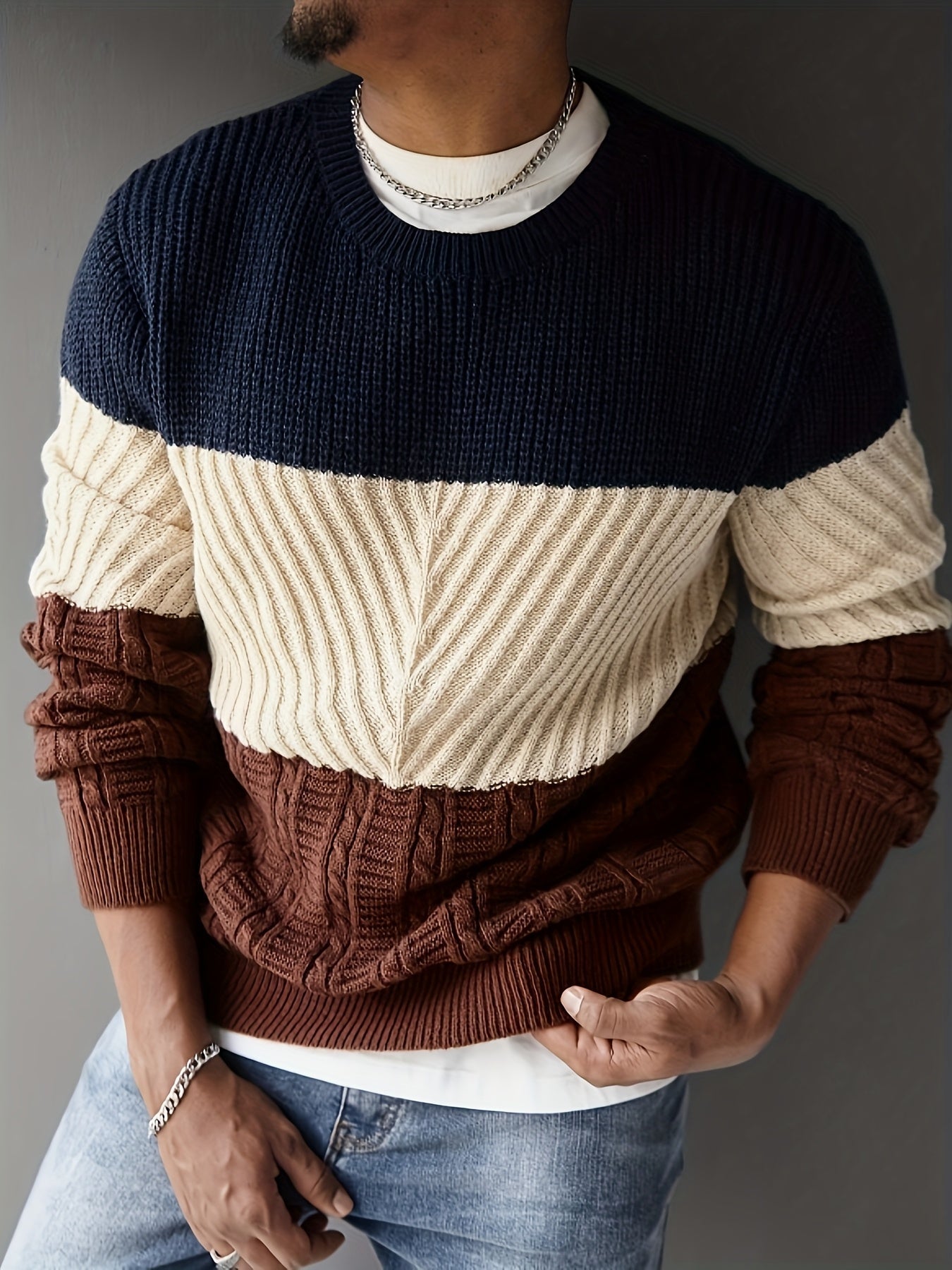 Maglione da uomo in maglia color block blu, beige e marrone, girocollo