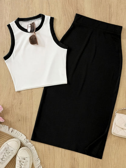 Damski elegancki zestaw 2-częściowy – bezrękawnik crop top i spódnica, stylowy na wiosnę i lato